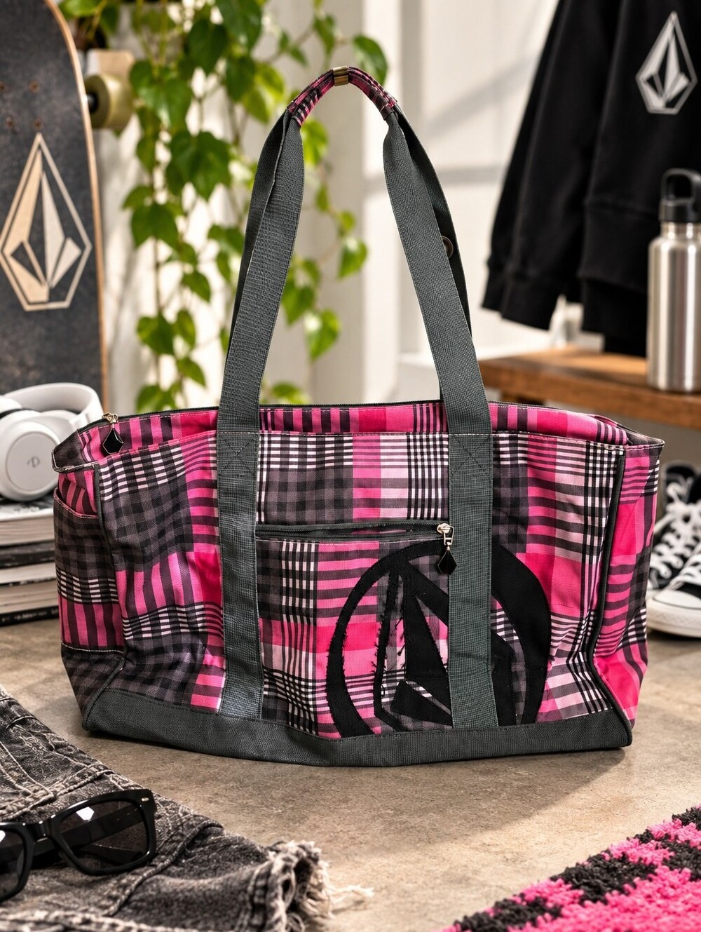 Vintage Y2K Volcom Pink Plaid Oversized Tote Travel Weekender Bag